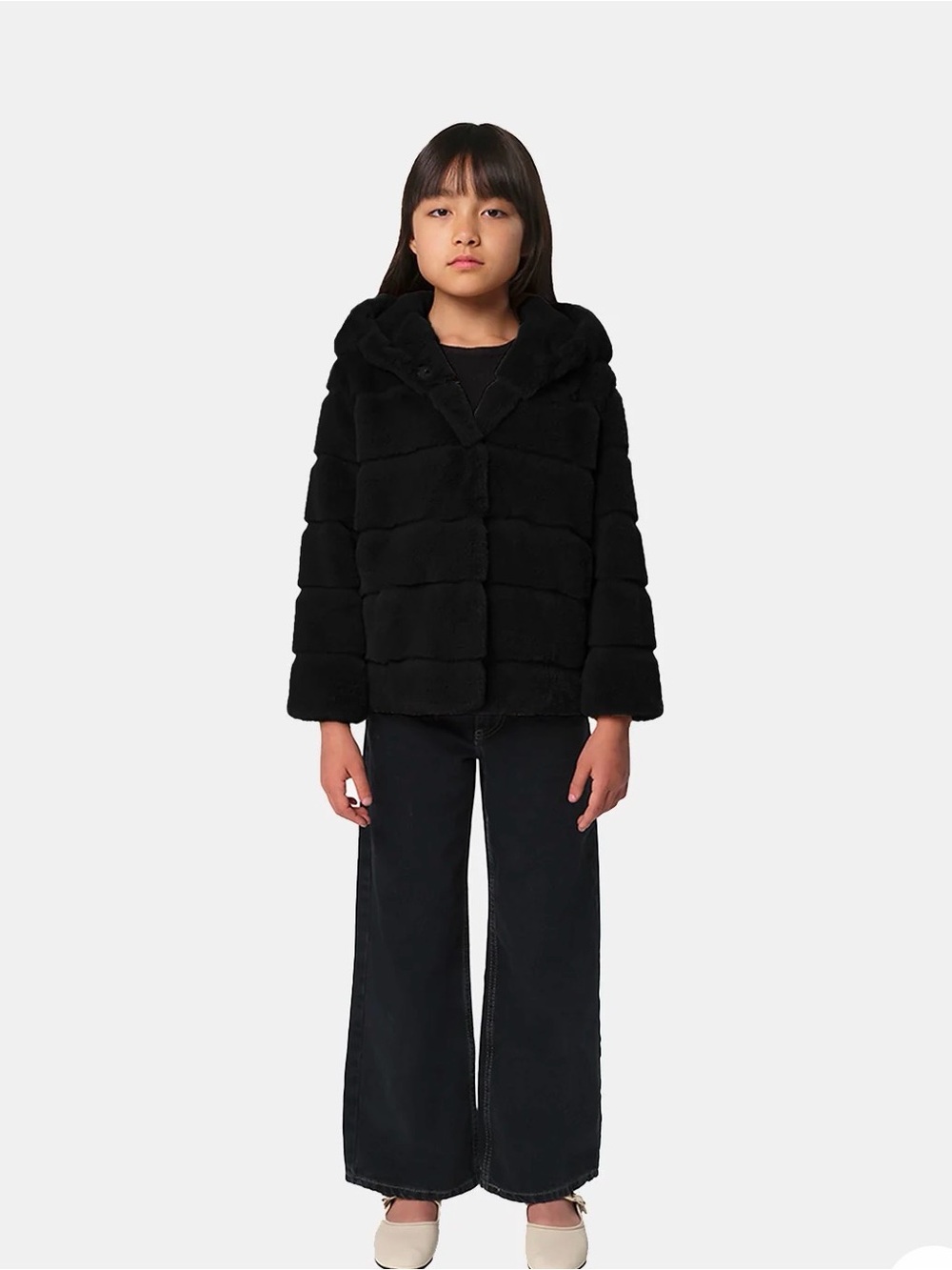 Apparis Goldy Kids Faux Fur Tiered Hooded Coat Black 10Y Excellent